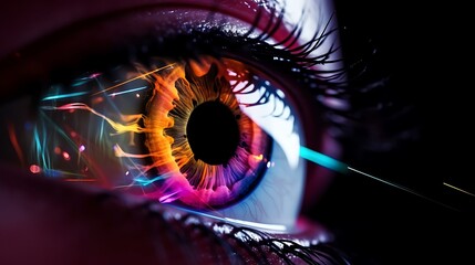 A close-up of a cyber-style, tech-savvy female eye reflecting colorful rays of light. Concepts related to ophthalmic cosmetic procedures and facial recognition - obrazy, fototapety, plakaty