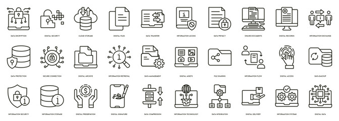 Digital Information vectors icon illustration for  Data Encryption, Digital Security, Cloud Storage, Digital Files, Data Transfer, Information Access, Data Privacy, Online Documents, Digital Records