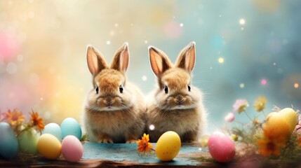Fototapeta na wymiar Happy Easter background banner panorama greeting card, colorful rabbits. Generative AI.