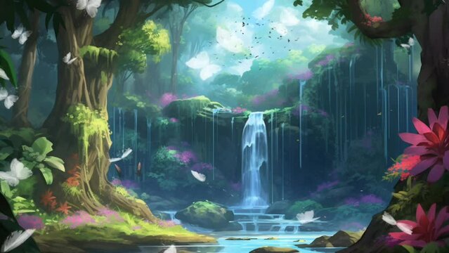 Natural scenery in the forest with a beautiful waterfall. seamless looping  4k time-lapse virtual video animation background. 
