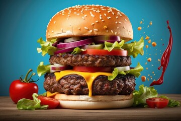 Hamburger and cheeseburger with fresh vegetables, vector illustration - obrazy, fototapety, plakaty