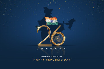 Indian Republic day concept with golden text 26 January and india map. - obrazy, fototapety, plakaty