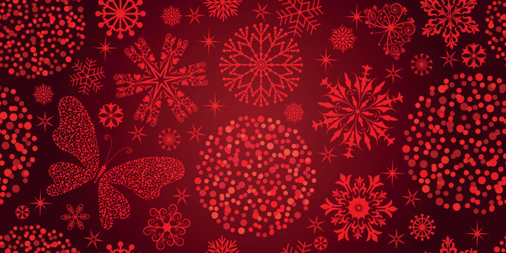 Vector seamless festive pattern with balls and snowflakes and stars on a dark red gradient background