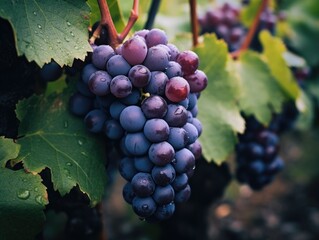 Fototapeta premium Grapevine Splendor: Reveling in the Rich Hues of Red Grapes Amidst Verdant Vine Leaves, Reflecting the Abundance and Vitality of Wine Country Agriculture.