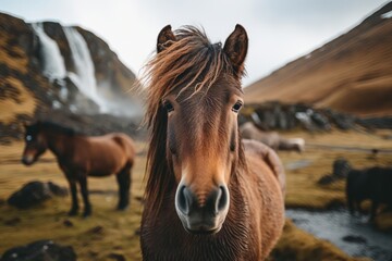 Obraz premium Icelandic Horses Graze Near Iconic landscape and Waterfall in Iceland - A Majestic Fusion of Equine Grace and Nature's Cascading Beauty