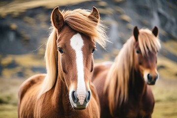 Obraz premium Icelandic Horses Graze Near Iconic landscape and Waterfall in Iceland - A Majestic Fusion of Equine Grace and Nature's Cascading Beauty