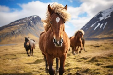  Icelandic Horses Graze Near Iconic landscape and Waterfall in Iceland - A Majestic Fusion of Equine Grace and Nature's Cascading Beauty