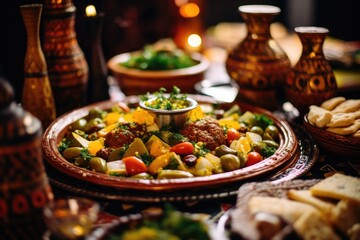 Marrakech Culinary Odyssey: Journey to the Heart of Morocco - An Enchanting Photo Showcasing a Traditional Tagine Feast Amidst Intricate Moroccan Tiles, Creating a Mesmerizing Culinary Adventure.  