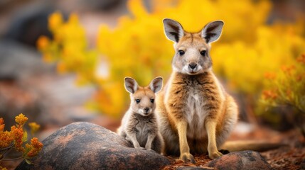 Iconic Wildlife: Kangaroo Mother and Cub Roaming Freely in the Vastness of Australia's Outback. - obrazy, fototapety, plakaty