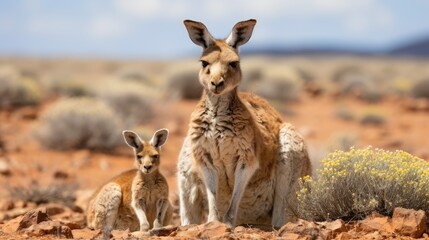Iconic Wildlife: Kangaroo Mother and Cub Roaming Freely in the Vastness of Australia's Outback.