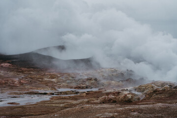 Fototapeta na wymiar Volcanic, coastal lanscape in southwest Iceland at Gunnuhver Hot Springs