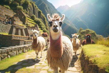 Andean Llamas in Machu Picchu: Llamas peacefully grazing amidst the ancient ruins of Machu Picchu, creating a harmonious blend of history and nature