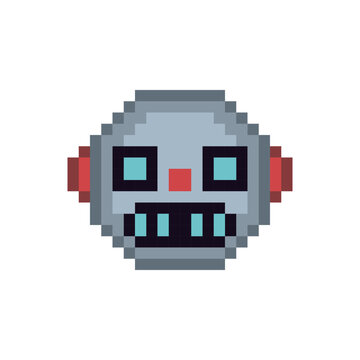 Robot pixel art character avatar profile picture. Flat style. Game assets. 8-bit. Isolated vector illustration. Design for logo, sticker, app.