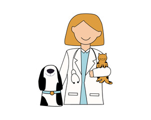 Pet veterinarian icon element. Veterinary doctor treating animal. Female vet with cat and dog. Idea of pet care. Animal medical treatment. Vet and pet vector flat illustration.