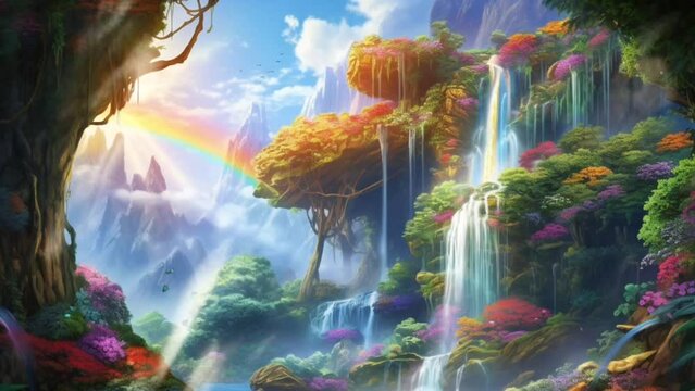 Natural scenery in the forest with a beautiful waterfall. seamless looping  4k time-lapse virtual video animation background. 
