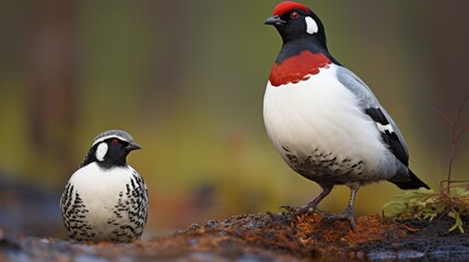 Fototapeta premium Arctic Elegance: Ptarmigans in their Spring Plumage Embrace Lapland's Changing Landscape, Symbolizing Nature's Artistry in the Seasonal Transition from Winter to Spring.
