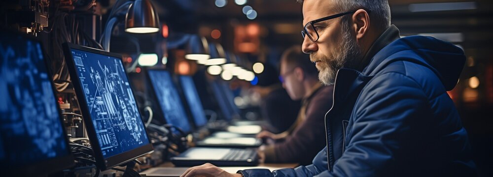 A laptop carrying an engineer A programmable logic controller controls a massive fully automated machine.