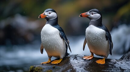 Fototapeta premium Icelandic Puffin Paradise: Seabirds Enjoy Scenic Views of Iceland - Nesting on Coastal Cliffs, Puffins Create a Majestic Summer Scene Amidst the Beautiful Arctic Landscape.