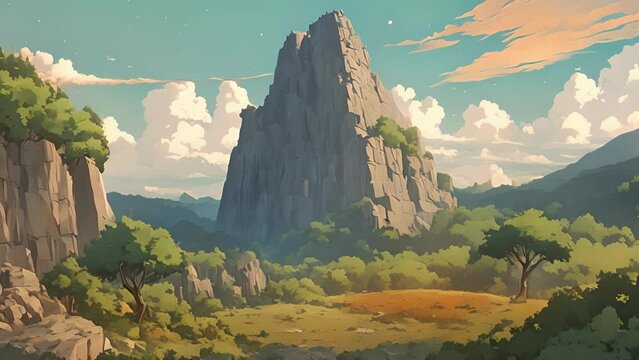 approached base mountain, couldnt help drawn towards towering monolith that loomed overhead. magnetic pull seemed warp landscape, making surrounding rocks trees seem 2d animation