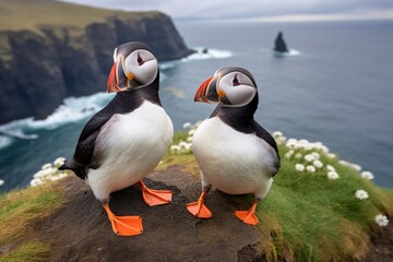 Obraz premium Nest Over Reynisfjara: Puffins Find Coastal Haven Nesting Along Iceland's Majestic Cliffs - A Nature Reserve Abuzz with Atlantic Avian Majesty.