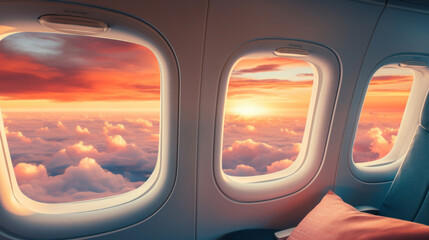 Airplane window view of clouds and blue sky. Travel concept.