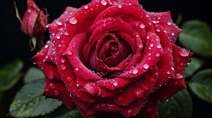 A rain-kissed palace rose, with raindrops clinging to its velvety surface.