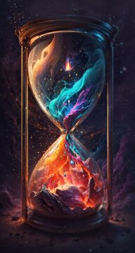 A vibrant hourglass sits tilted on its side, a cascade of rainbow sand pouring from its top like a frozen waterfall. The colors range from fiery red and orange to cool blues and greens, capturing the 