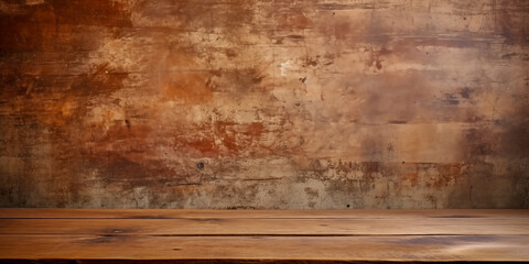 Grungy wood wall and table with copy space for product display or mock up. Wooden brown texture of old wood, woodworking background.  - obrazy, fototapety, plakaty