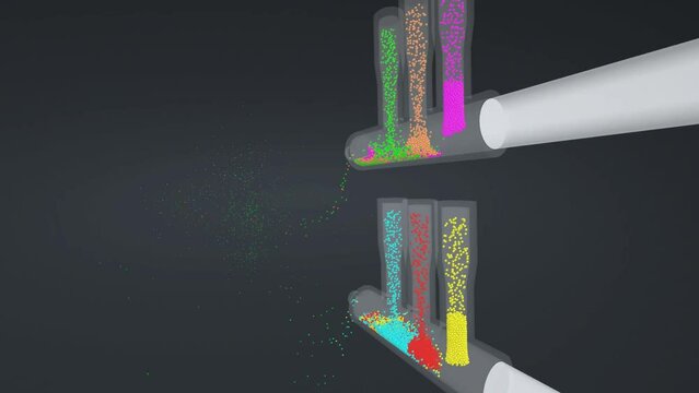 Particle simulation science - Pistons, pipes and colorful glass beads