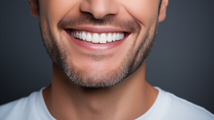 Obraz premium middle aged man with beautiful smile on grey background. - Teeth whitening.