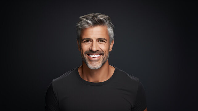 middle aged man with beautiful smile on black background. - Teeth whitening.