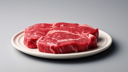 Obraz premium Raw red beef meat on a flat ceramic plate.