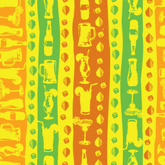 Vector fun cocktails alcoholic drinks paint grunge silhouette vertical stripes seamless pattern. Suitable for textile, menu design and wallpaper.