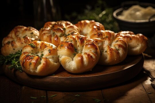 Savor the Taste of Italy: Golden Garlic Knots, Handcrafted with Love, Aromatic Herbs, and Fresh Bread, Perfectly Baked to Crispy Perfection.