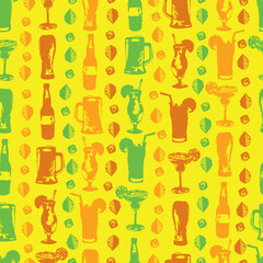 Vector fun cocktails alcoholic drinks paint grunge silhouette vertical arrangement seamless pattern. Suitable for textile, menu design and wallpaper.