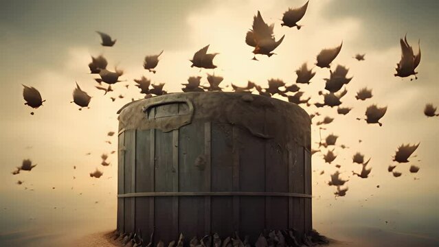 A flock of birds flying away from an old oil barrel demonstrating the importance of immediately disposing of hazardous materials. .