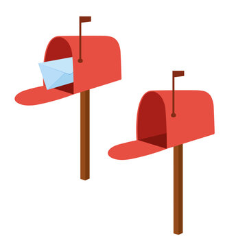 Red english, american or european mailbox for delivering letters. Post office, post box. Flat hand drawn vector illustration isolated on white background.