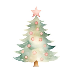 Christmas tree with decoration in watercolor isolated against transparent background