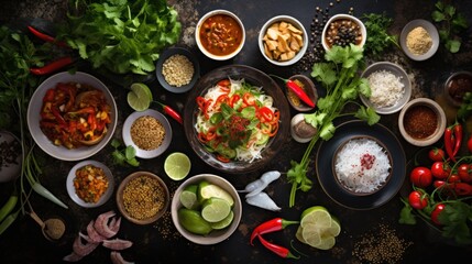 Asian food background with various ingredients 