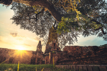 Wat Phra Ram landmark famous temple in Ayutthaya while sunset, Ayutthaya Historical Park.