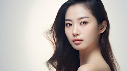 Fototapeta premium Beautiful young asian woman with clean fresh skin on white background, 