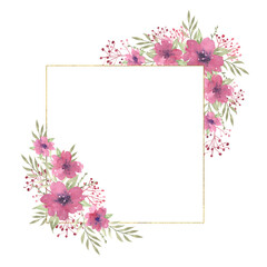 Watercolor floral square frame with compositions of pink flowers and greenery, frame with golden texture. Hand drawn illustration of botanical template for greeting cards or wedding invitations