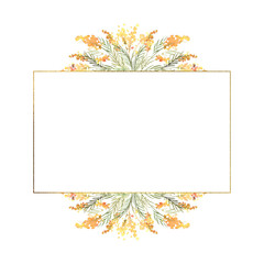 Floral watercolor square frame with yellow mimosas and greenery, frame with gold texture. Hand...