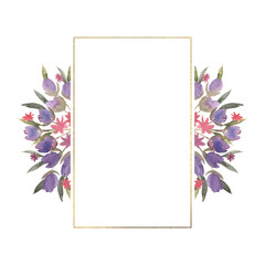 Watercolor floral frame with purple, pink flowers and green leaves. Hand drawn illustration of botanical template for greeting cards or wedding invitations, mother's day, birthday, march 8, posters