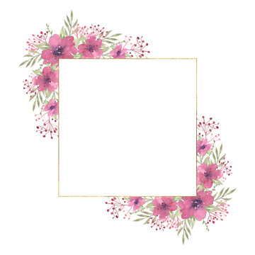 Watercolor floral square frame with compositions of pink flowers and greenery, frame with golden texture. Hand drawn illustration of botanical template for greeting cards or wedding invitations