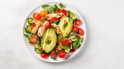 Delicious salad with chicken, avocado and vegetables served on table, 