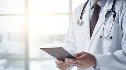 Doctor working on digital tablet on hospital background,