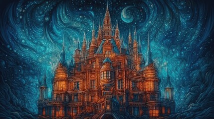 Dark Knight fantasy era castle. Oil paintings. Created with Generative AI.