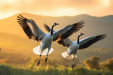 Naklejka premium Wings of Elegance: Red-Crowned Cranes Take Flight, Gracefully Dancing Near the Magnificent Great Wall of China - A Symbolic Harmony of Nature and Cultural Heritage.