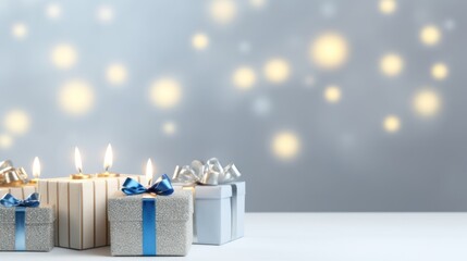 Hanukkah menorah and gift boxes on light background. 